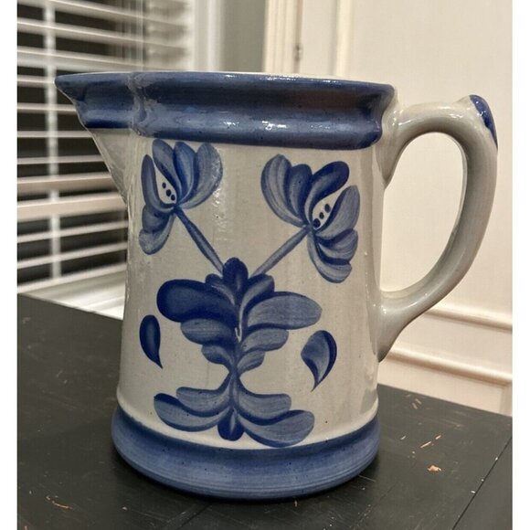 Beaumont Brothers Pottery Salt Glazed Pitcher Bbp Blue Primitive Floral - Picture 1 of 5